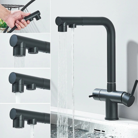Baterie bucatarie, 3 cai, pentru filtru de purificare, dus extractibil, negru mat [4]