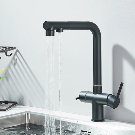 Baterie bucatarie, 3 cai, pentru filtru de purificare, dus extractibil, negru mat [1]