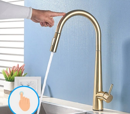 Baterie bucatarie aurie cu senzor de pornire la atingere,cu dus extractibil si pipa flexibila, 2 functii de curgere a apei, cu touch control [0]