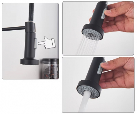 Baterie bucatarie, cu dus flexibil, 2 functii de curgere, negru mat [1]
