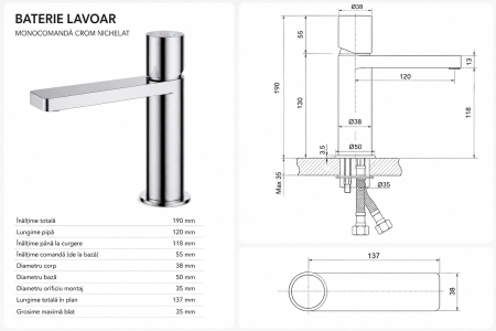 Baterie Lavoar Crom lucios, Monocomandă – Design Modern, 19 cm [2]