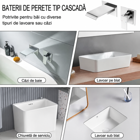Baterie lavoar încastrată cu pipă tip cascadă 18 cm, crom lucios [3]