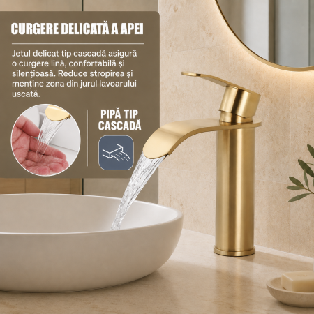 Baterie pentru lavoar auriu periat cu jet tip cascadă [5]