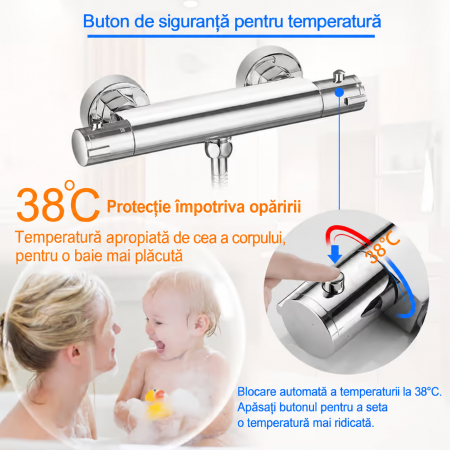 Baterie Termostatică pentru Duș, Cromată, cu Temperatură Constantă și Siguranță 38°C [2]