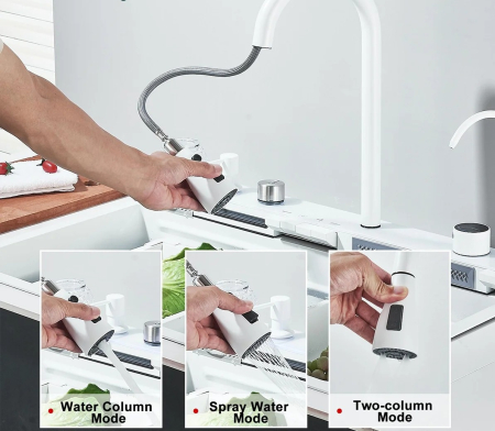 Chiuveta Multifuncționala Premium, din Otel Inoxidabil cu 2 cascade, jet spalare pahare, tocator din lemn natural si 2 cuve pentru spalat, Alb Mat [3]