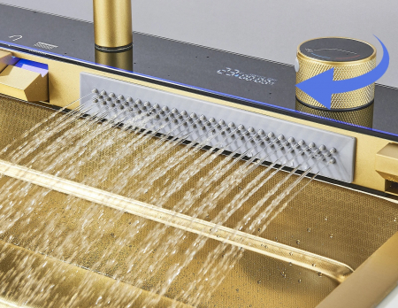 Chiuveta Multifuncționala Premium, din Otel Inoxidabil cu 2 cascade, jet spalare pahare, tocator din lemn natural si 2 cuve pentru spalat, Auriu Periat [6]