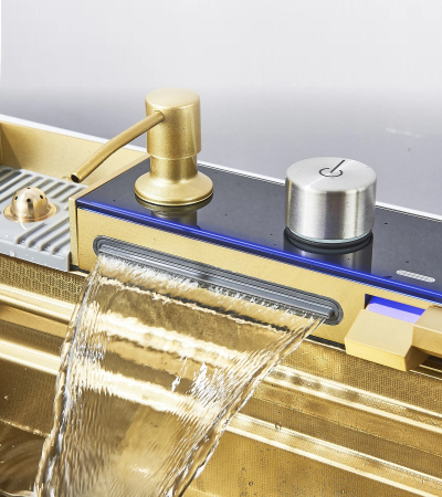 Chiuveta Multifuncționala Premium, din Otel Inoxidabil cu 2 cascade, jet spalare pahare, tocator din lemn natural si 2 cuve pentru spalat, Auriu Periat [5]