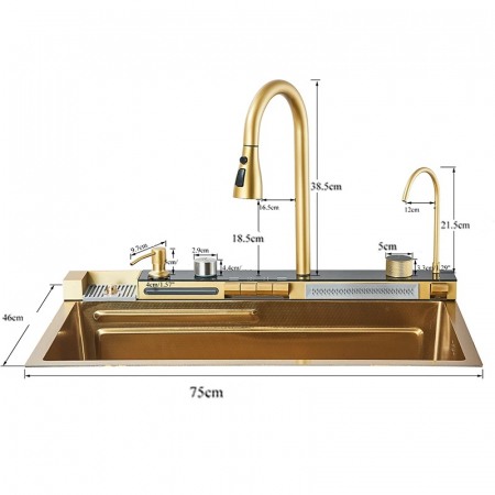 Chiuveta Multifuncționala Premium, din Otel Inoxidabil cu 2 cascade, jet spalare pahare, tocator din lemn natural si 2 cuve pentru spalat, Auriu Periat [9]