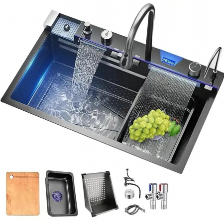 Baterii Bucatarie - Chiuveta Multifuncționala Premium, din Otel Inoxidabil cu 2 cascade, jet spalare pahare, tocator din lemn natural si 2 cuve pentru spalat, Negru Mat