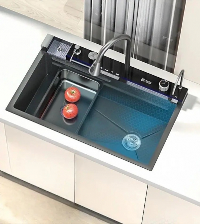 Chiuveta Multifuncționala Premium, din Otel Inoxidabil cu 2 cascade, jet spalare pahare, tocator din lemn natural si 2 cuve pentru spalat, Negru Mat [6]