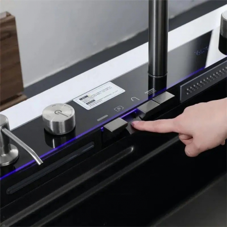 Chiuveta Multifuncționala Premium, din Otel Inoxidabil cu 2 cascade, jet spalare pahare, tocator din lemn natural si 2 cuve pentru spalat, Negru Mat [7]