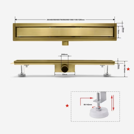 Rigola de pardoseală gold periat cu gratar plat, din inox, lungime 30 cm [3]