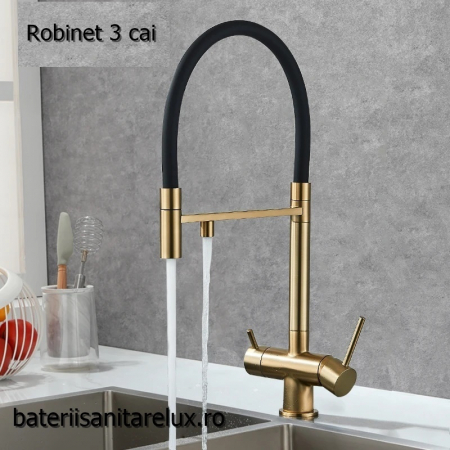 Baterii Bucatarie - Robinet bucatarie auriu cu negru cu 3 cai pentru filtru de purificare a apei