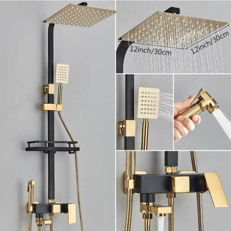 COLOANE/ PANEL DUS - Set de duș cu efect de ploaie pentru baie, cu robinet de pulverizare pentru bideu,negru/gold