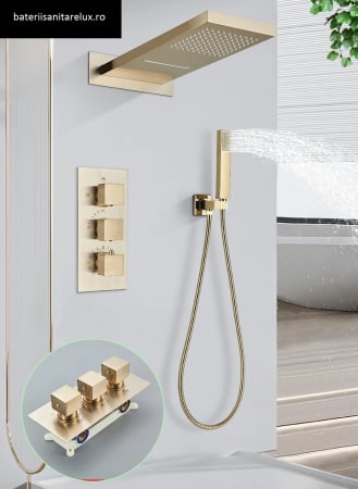 SET DE DUS INCASTRAT - Set de dus cu termostat, auriu periat,3 functii de curgere a apei, ploaie si cascada