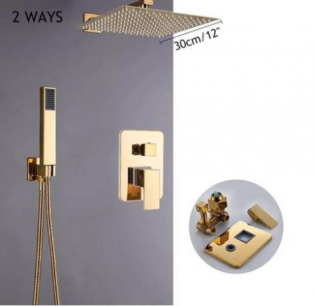 SET DE DUS INCASTRAT - Set de dus gold cu finisaj lucios Novara cu para patrata 30 cm latura, cu 2 functii de curgere a apei