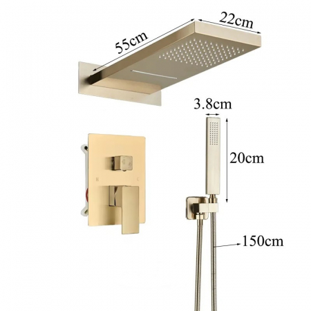 Set de dus incastrat auriu periat cu para dreptunghiulara, 3 functii de curgere a apei