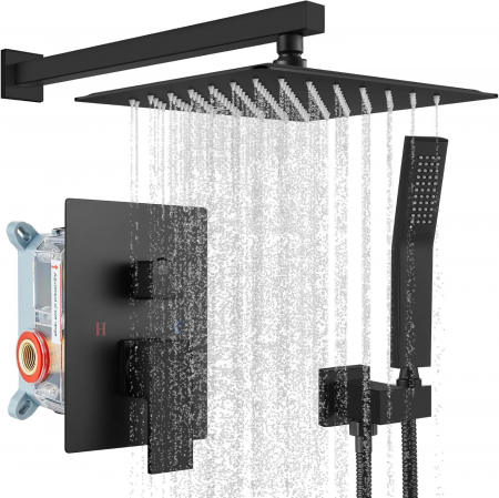 SET DE DUS INCASTRAT - Set de dus negru incastrat in perete cu para patrata 30 cm latura, cu 2 functii de curgere a apei