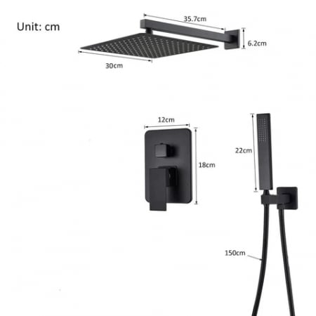 Set de dus negru mat Novara cu para patrata 30x30cm / 25x25cm , cu 2 functii de curgere a apei [10]