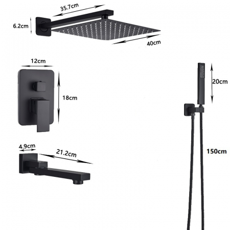 Set de dus negru Novara cu para patrata 40 cm, negru mat, 3 functii de curgere a apei [2]