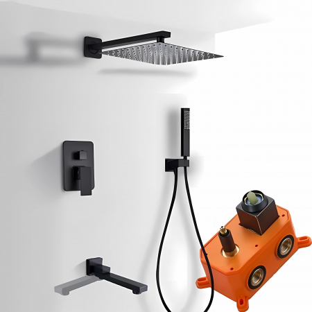 SET DE DUS INCASTRAT - Set de dus negru Novara cu para patrata 40 cm, negru mat, 3 functii de curgere a apei