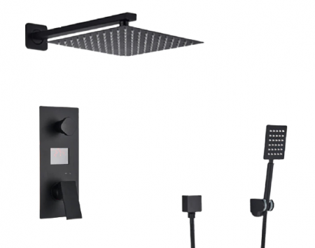 Set de dus cu para patrata de 40 cm, negru mat, cu 2 functii de curgere a apei, termostat pentru reglarea temperaturei
