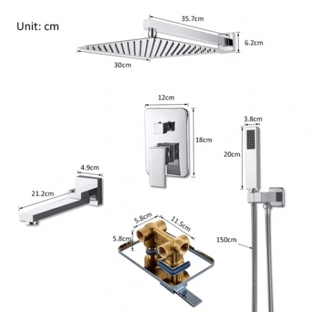 Set de dus incastrat crom  , cu montaj ascuns, para patrata 30 cm, 3 functii [6]