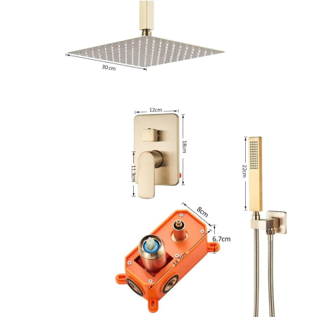 Set dus incastrabil in tavan, cu para patrata 30 cm, 2 sau 3 functii de curgere a apei [7]