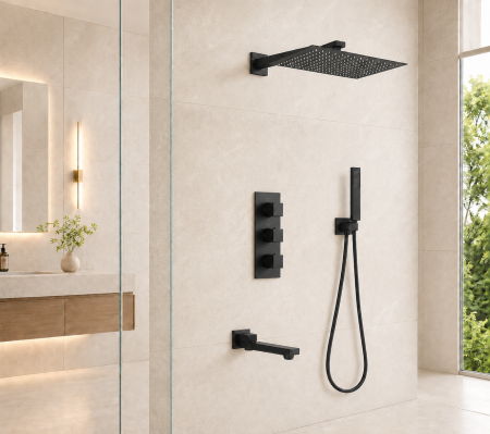 Set duș încastrat termostatat, 3 funcții, 40×40 cm, negru ma [1]