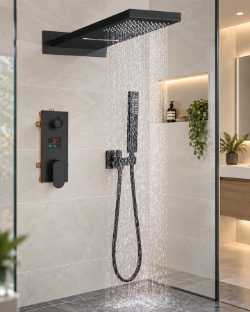 SET DE DUS INCASTRAT - Sistem dus incastrat cu termostat afisaj digital cascada si ploaie negru mat