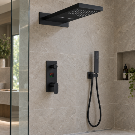 SET DE DUS INCASTRAT - Sistem dus incastrat cu termostat afisaj digital cascada si ploaie negru mat