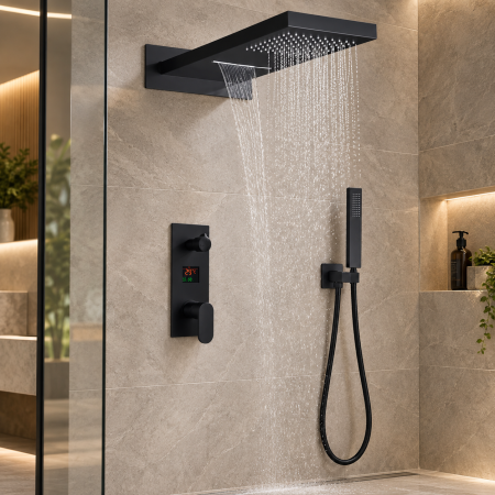 Sistem dus incastrat cu termostat afisaj digital cascada si ploaie negru mat [1]
