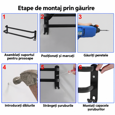 Suport dublu pentru prosoape, negru mat, cu cârlige, montaj pe perete [4]