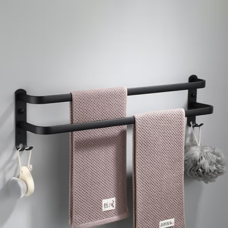 SET PORT PROSOP / SUPORT HARTIE - Suport dublu pentru prosoape, negru mat, cu cârlige, montaj pe perete