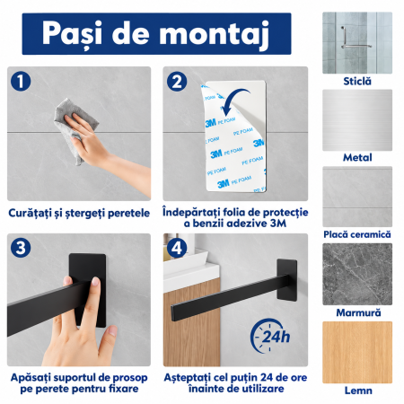 Suport prosop autoadeziv 37 cm oțel inoxidabil negru mat [1]