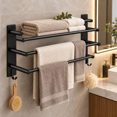 SET PORT PROSOP / SUPORT HARTIE - Suport prosop triplu negru mat 60 cm din oțel inoxidabil