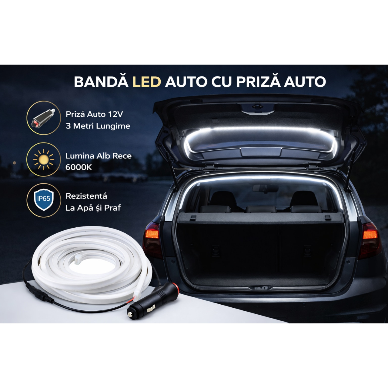 Bandă LED Portbagaj Auto 5m cu Senzor Magnetic, 12V Conectare Brichetă, 6000K Alb Rece, Pornire Automată, Universală [4]