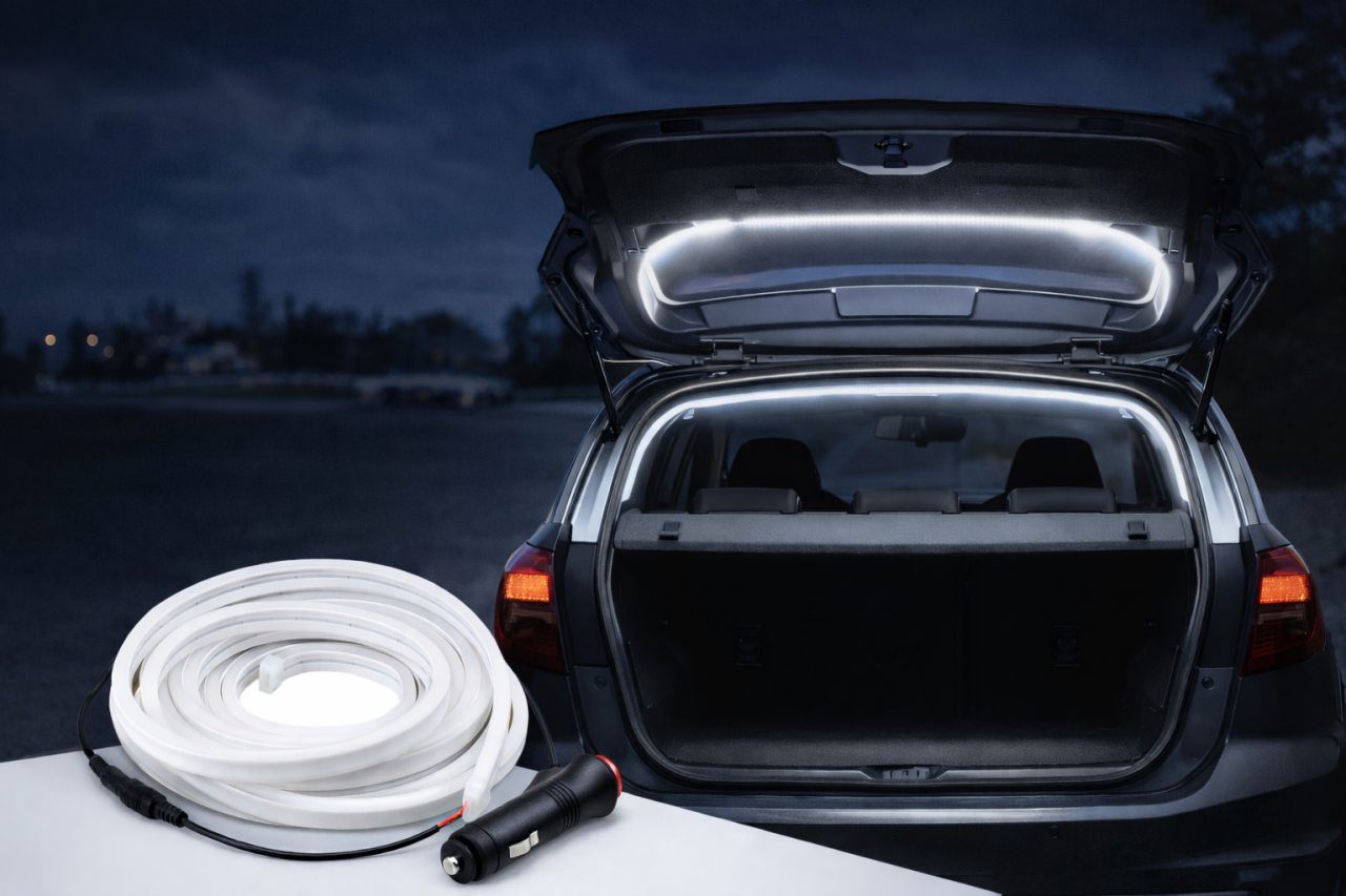 Bandă LED Portbagaj Auto 5M cu Senzor Magnetic, Mufă Brichetă 12V, Iluminare Alb Rece [2]