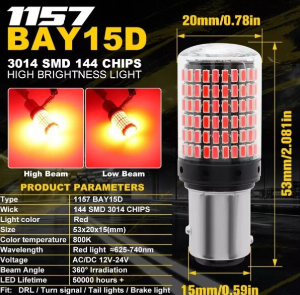 Bec auto led BAY15D 1157/P21/5W, 144LED SMD, lumina rosie, 2 faze, pozitie si stop pe frana, BZRSH [2]