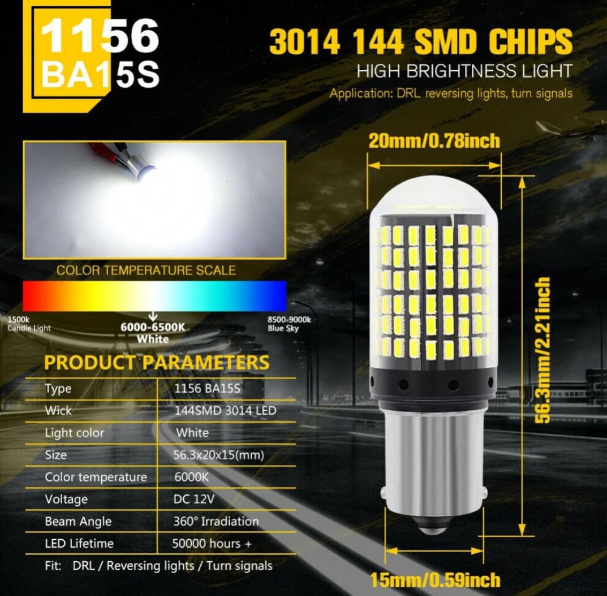 Bec LED Canbus 1156/BA15S P21W 3014, 144 LED-uri Marsarier, Alb, 6000K, BZRSH [2]