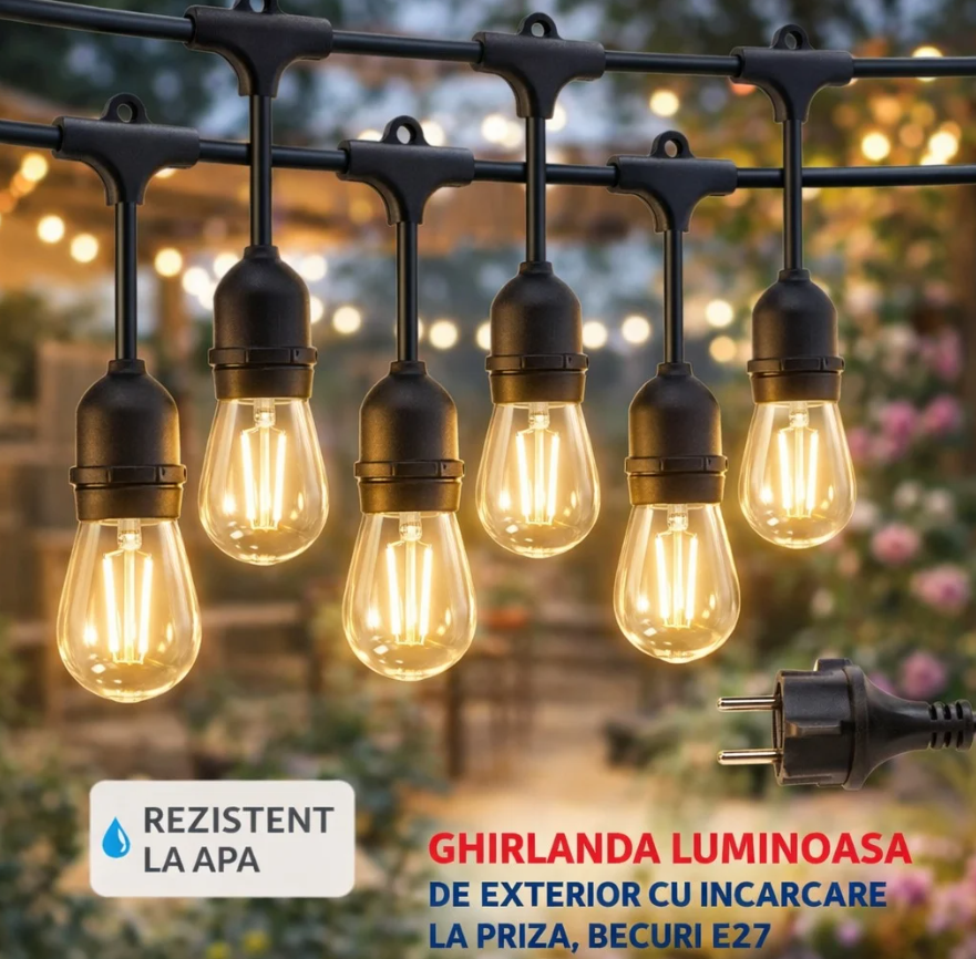 BZRSH Ghirlandă Luminoasă Exterior 10m – 10 Becuri LED E27, IP66, incarcare la priza, Lumină Caldă pentru Grădină [2]