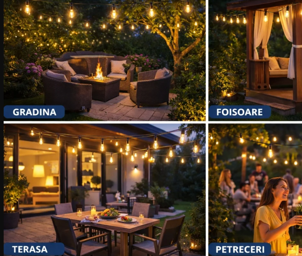 BZRSH Ghirlandă Luminoasă Exterior 10m – 10 Becuri LED E27, IP66, incarcare la priza, Lumină Caldă pentru Grădină [3]