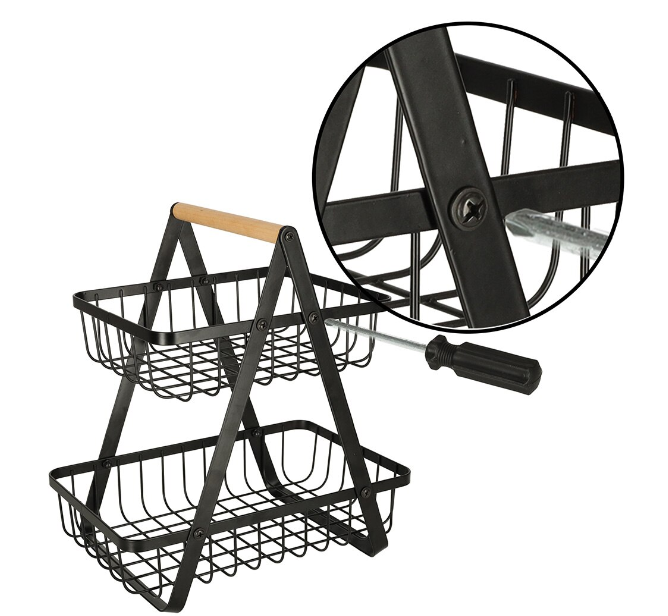 Cos pentru fructe, din Metal/Lemn, cu 2 rafturi, 32x30x18 cm, Negru, TopBazar [4]