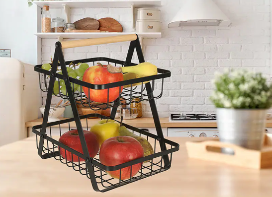 Cos pentru fructe, din Metal/Lemn, cu 2 rafturi, 32x30x18 cm, Negru, TopBazar [6]