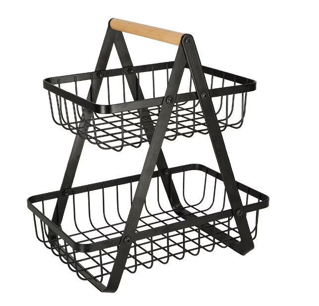 Cos pentru fructe, din Metal/Lemn, cu 2 rafturi, 32x30x18 cm, Negru, TopBazar [2]