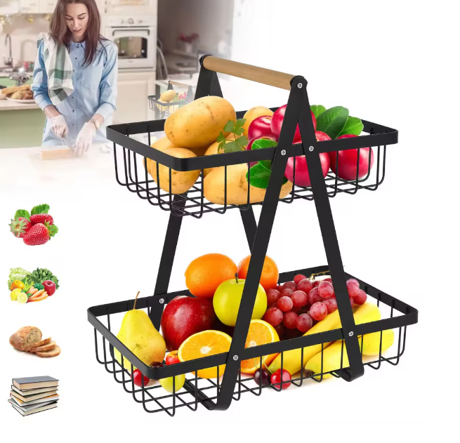 Cos pentru fructe, din Metal/Lemn, cu 2 rafturi, 32x30x18 cm, Negru, TopBazar [7]