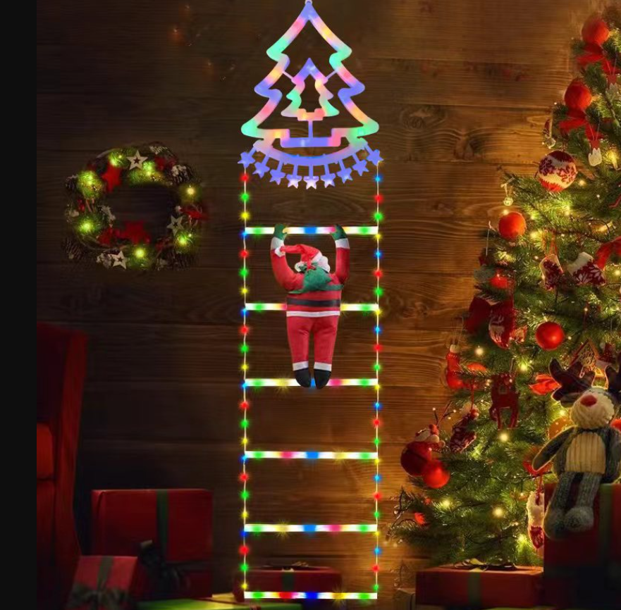 Decoratiune Mos Craciun Pe Scara, Cu Model Bradut, Pentru Exterior Si Interior, 25x165 cm, Cu Lumina Led, 8 Jocuri, Conectare La Priza, Multicolor [1]