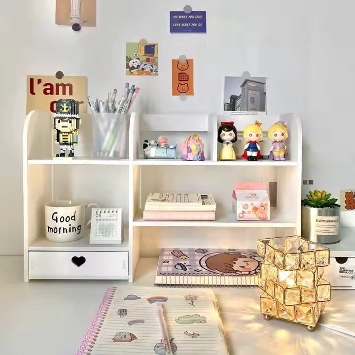 Etajera pentru Birou copii, cu 6 Compartimente si un Sertar, PVC, 55x14x34cm, Alb [1]