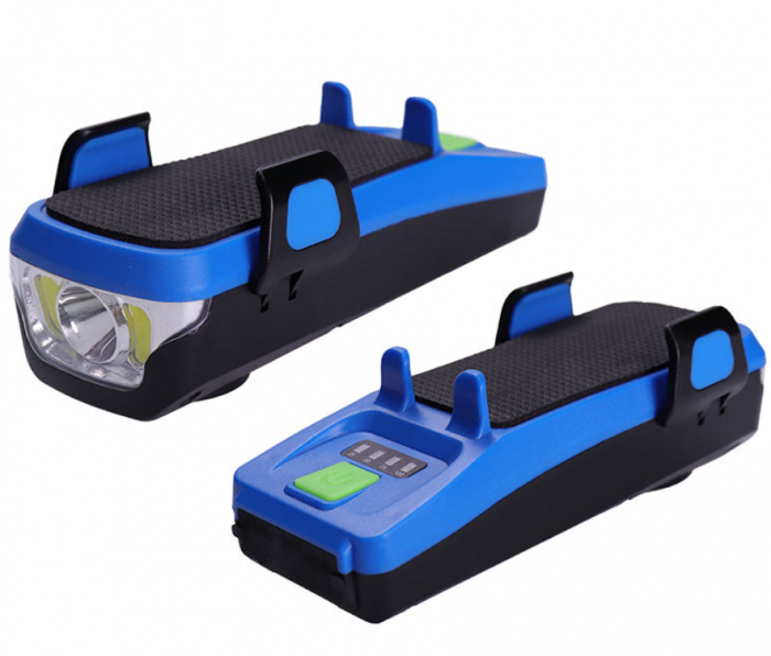 Far bicicleta cu suport telefon, claxon 130dB, Power bank 3000mAh, 3 moduri de luminare, 2 x T6 LED, rezistent la apa, Albastru [6]