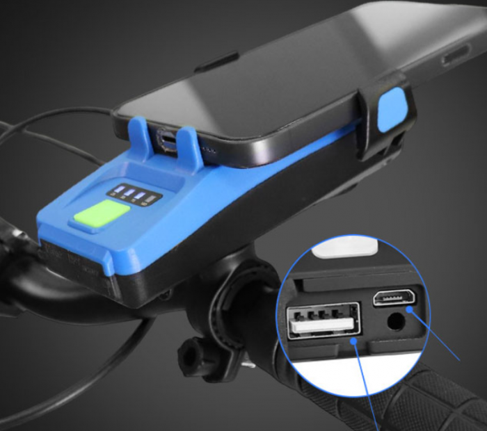 Far bicicleta cu suport telefon, claxon 130dB, Power bank 3000mAh, 3 moduri de luminare, 2 x T6 LED, rezistent la apa, Albastru [5]